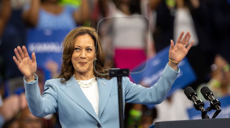 Vice President Kamala Harris at a July 30 rally in Atlanta. (Arvin Temkar/The Atlanta Journal-Constitution)