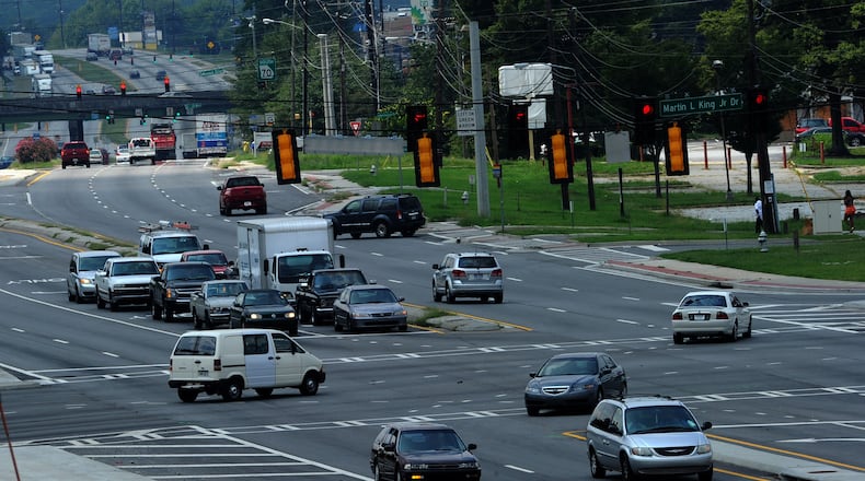 Vehicles travel through the intersection of Martin Luther King Jr. Drive and Fulton Industrial Boulevard. Atlanta is trying to annex land on Fulton Industrial. Johnny Crawford / AJC FILE PHOTO