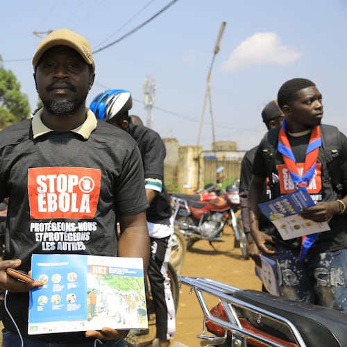 Residents and frontline workers embark on Ebola outbreak awareness campaign in Beni, North Kivu province, eastern Congo, Friday, Aug. 21, 2026. (AP Photo/Sebastien Kitsa Musayi)