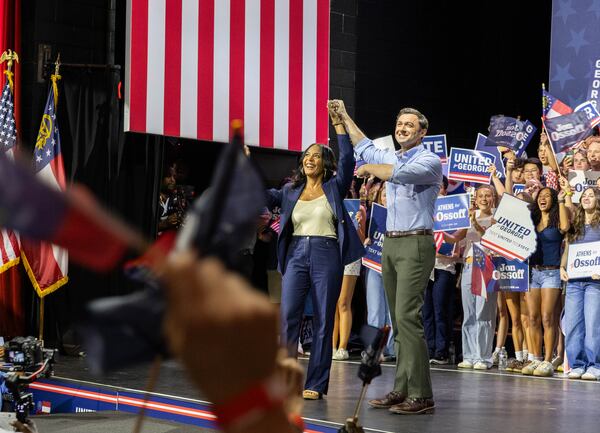 Democratic nominee for governor Keisha Lance Bottoms and U.S. Sen. Jon Ossoff, seen here at a rally in Athens on Sunday. (Felix Scheyer for the AJC)
