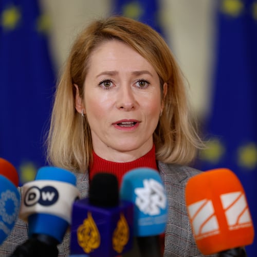 European Union foreign policy chief Kaja Kallas speaks with the media as she arrives for a meeting of EU foreign ministers at the European Council building in Brussels, Thursday, Jan. 29, 2026. (AP Photo/Geert Vanden Wijngaert)