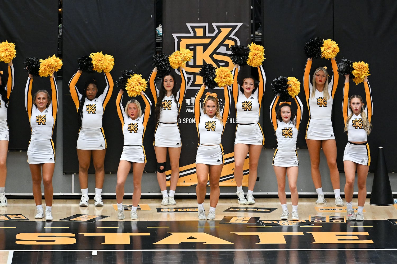Kennesaw State Owls cheerleaders perform during the first half of a game against South Florida Sunday, Nov. 16, 2025 at Kennesaw State University. (Daniel Varnado for the AJC)