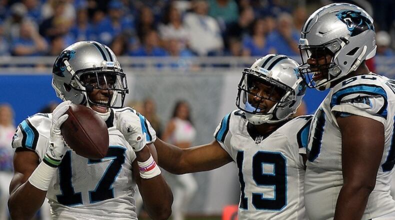 Carolina Panthers wide receiver Devin Funchess (17) celebrates his 10-yard touchdown catch against the Detroit Lions on October 8, 2017, at Ford Field in Detroit. (Jeff Siner/Charlotte Observer/TNS)