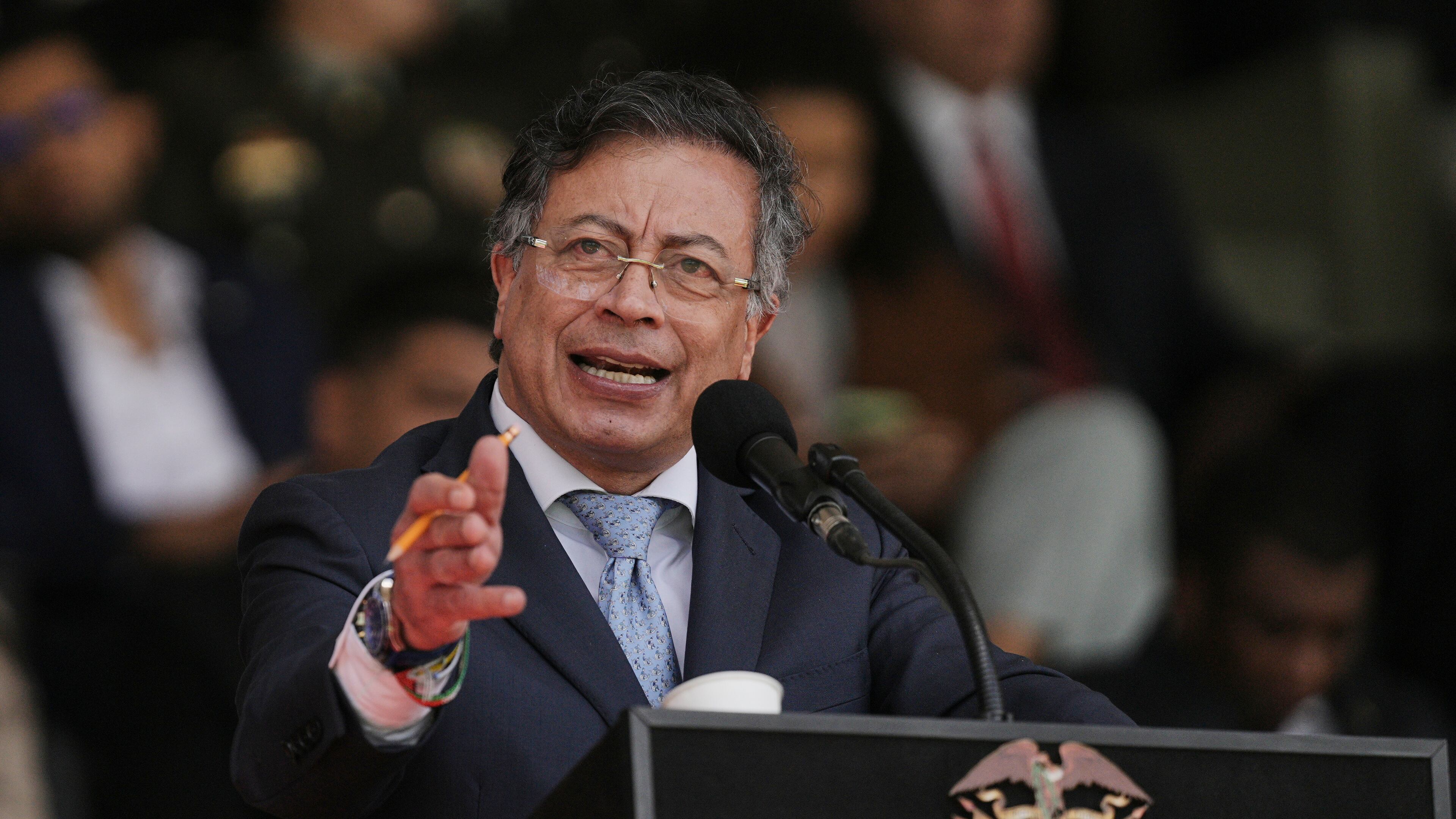Colombian President Gustavo Petro speaks during the swearing-in ceremony of Gen. William Rincon as the new national police director in Bogota, Colombia, Friday, Oct. 24, 2025. (AP Photo/Ivan Valencia)