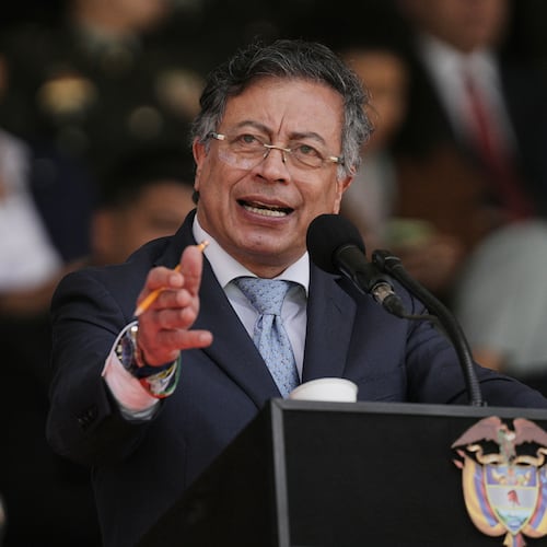Colombian President Gustavo Petro speaks during the swearing-in ceremony of Gen. William Rincon as the new national police director in Bogota, Colombia, Friday, Oct. 24, 2025. (AP Photo/Ivan Valencia)