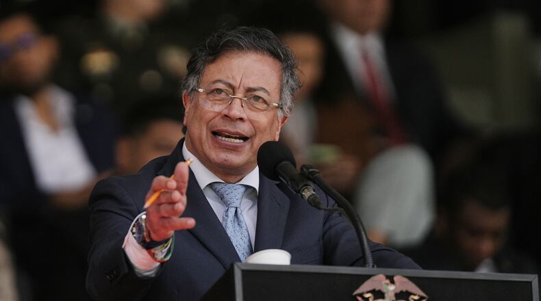 Colombian President Gustavo Petro speaks during the swearing-in ceremony of Gen. William Rincon as the new national police director in Bogota, Colombia, Friday, Oct. 24, 2025. (AP Photo/Ivan Valencia)