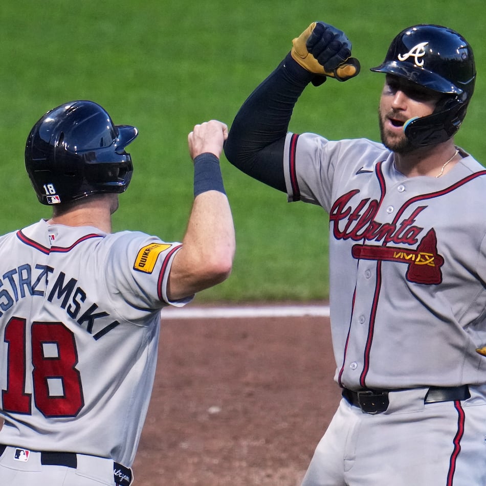 Atlanta Braves' Joey Bart, right, celebrates with Mike Yastrzemski as he returns to the dugout after hitting a two-run home run off Pittsburgh Pirates pitcher Dennis Santana during the eighth inning of a baseball game in Pittsburgh, Wednesday, July 8, 2026. (AP Photo/Gene J. Puskar)