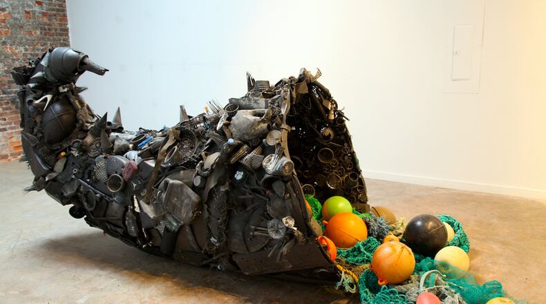 Atlanta artist Pam Longobardi’s “Bounty, Pilfered,” sourced from ocean plastic around the world, is featured in a group show, “All Tomorrow’s Parties,” at the recently opened Westside gallery Hathaway David Contemporary.