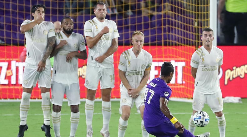 Orlando City's Nani takes a free kick against Atlanta United at Exploria Stadium in Orlando, Florida, on Saturday, Sept. 5, 2020. The game ended in a 1-1 draw. (Stephen M. Dowell/Orlando Sentinel/TNS)