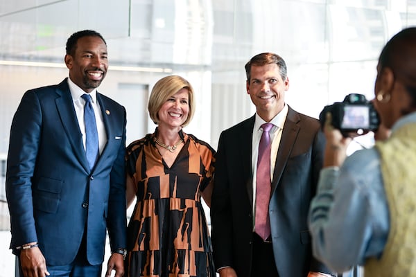 (Left to right) Mayor Andre Dickens, Atlanta Chamber CEO and President Katie Kilpatrick and Lt. Gov Geoff Duncan pose for a photo before attending the Innovation Week kickoff event on Tuesday, October 11, 2022. (Natrice Miller/natrice.miller@ajc.com)  