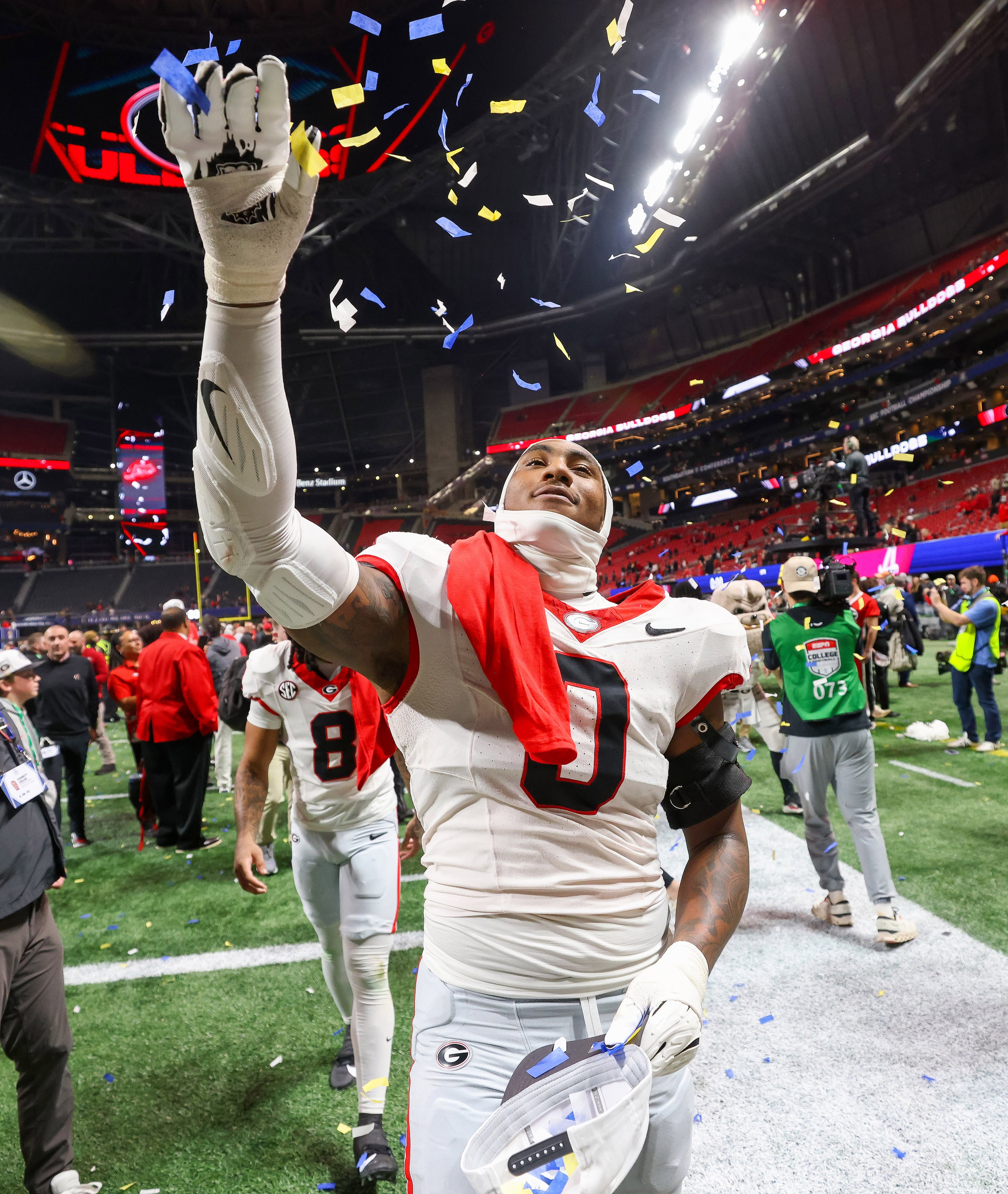 Georgia celebrates a 28-7 victory over Alabama in the SEC Championship game at Mercedes-Benz Stadium, Saturday, Dec. 6, 2025, in Atlanta. (Jason Getz / AJC)