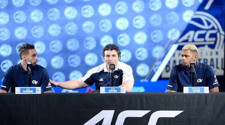 Georgia Tech head coach Josh Pastner with Jose Alvarado and Brandon Alson are interviewed during the ACC Operation Basketball at the Spectrum Center in Charlotte, N.C. on October 24, 2018. (Photos by Sara D. Davis, theACC.com)