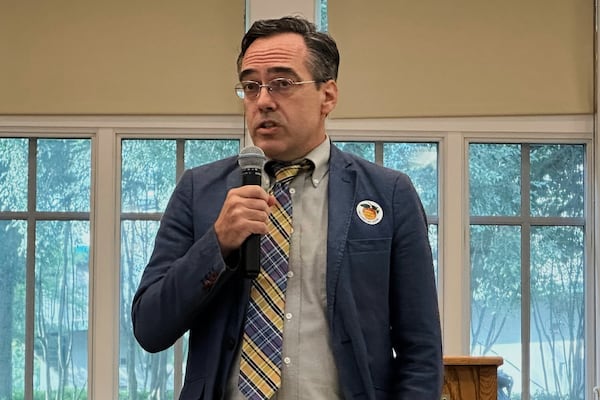 Democrat Peter Hubbard Sean Waites speaks at a candidate forum for the Georgia Public Service Commission runoff in Fayetteville, Ga., on Thursday, July 10, 2025. (AP Photo/Jeff Amy)