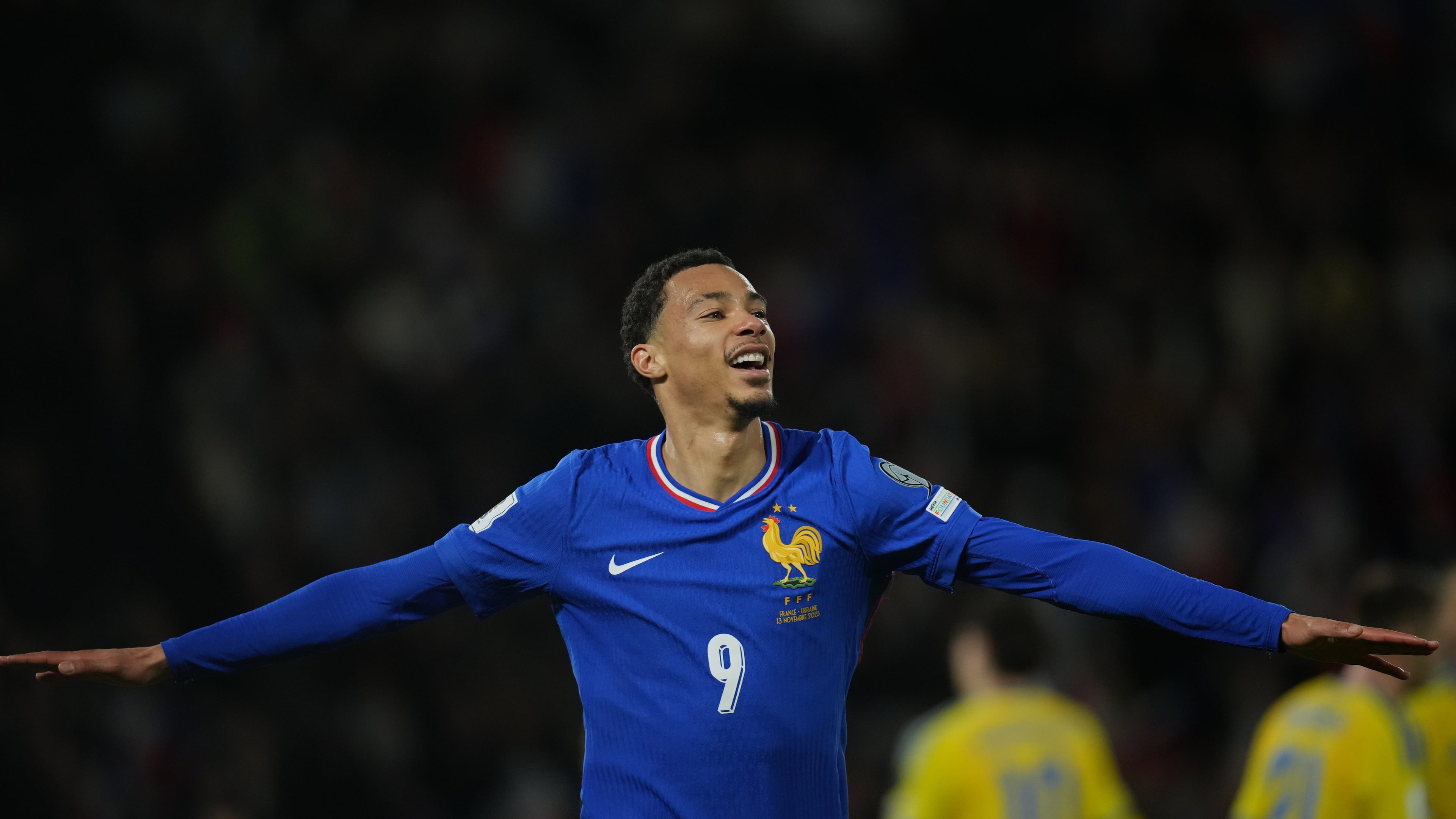 France's Hugo Ekitike celebrates his side's fourth goal during a World Cup 2026 group D qualifying soccer match between France and Ukraine in Paris, Thursday, Nov. 13, 2025. (AP Photo/Christophe Ena)