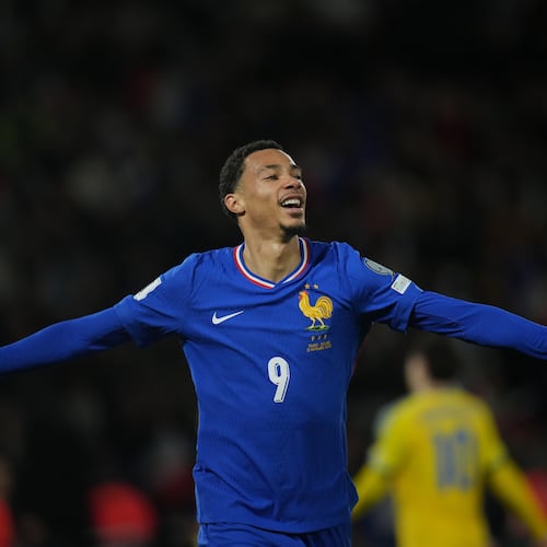 France's Hugo Ekitike celebrates his side's fourth goal during a World Cup 2026 group D qualifying soccer match between France and Ukraine in Paris, Thursday, Nov. 13, 2025. (AP Photo/Christophe Ena)