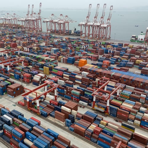 FILE - Shipping containers are seen ready for transport at the Guangzhou Port in the Nansha district in southern China's Guangdong province, April 17, 2025. (AP Photo/Ng Han Guan, File)