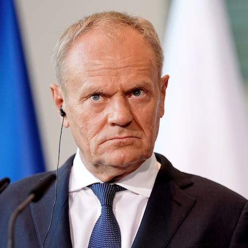 FILE - Polish Prime Minister Donald Tusk looks on during a press conference during the E5 summit of leading European nations ahead of the upcoming NATO summit, in Berlin, Wednesday June 24, 2026. (Kay Nietfeld/dpa via AP,File)