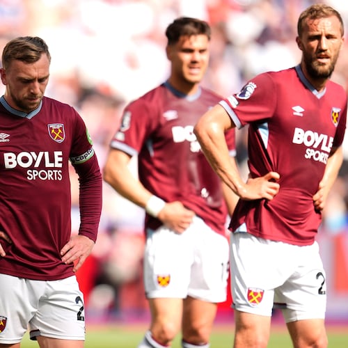 West Ham United's Jarrod Bowen, left, looks down towards the ground during the Premier League match between West Ham and Leeds United, in London, Sunday May 24, 2026. (Nick Potts/PA via AP)