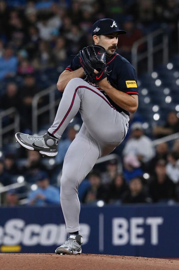 Atlanta Braves starting pitcher Spencer Strider (99) throws to a Toronto Blue Jays batter in the first inning of an interleague baseball game in Toronto, Wednesday, April 16, 2025. (Jon Blacker/The Canadian Press via AP)
