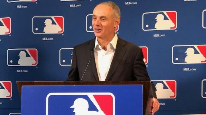 Baseball commissioner Rob Manfred speaks to the media Thursday following the MLB owners’ fall meetings at the Omni hotel next to SunTrust Park.