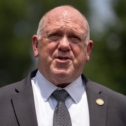 White House border czar Tom Homan speaks with reporters outside the White House, Monday, July 20, 2026, in Washington. (AP Photo/Mark Schiefelbein)