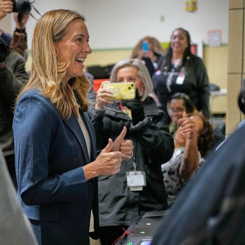 New Jersey gubernatorial candidate Mikie Sherrill reacts after voting in Montclair, N.J., Tuesday, Nov. 4, 2025. (AP Photo/Seth Wenig)