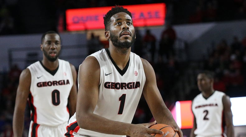 Georgia players William Jackson II (from left), Yante Maten, and Jordan Harris during game action against Florida on Tuesday, January 30, 2018, in Athens. Curtis Compton/ccompton@ajc.com