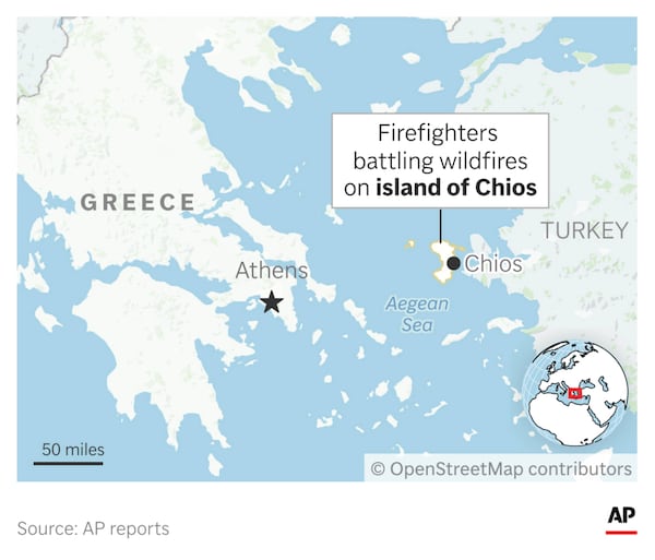 Firefighters are battling wildfires on the Greek island of Chios. (AP Digital Embed)
