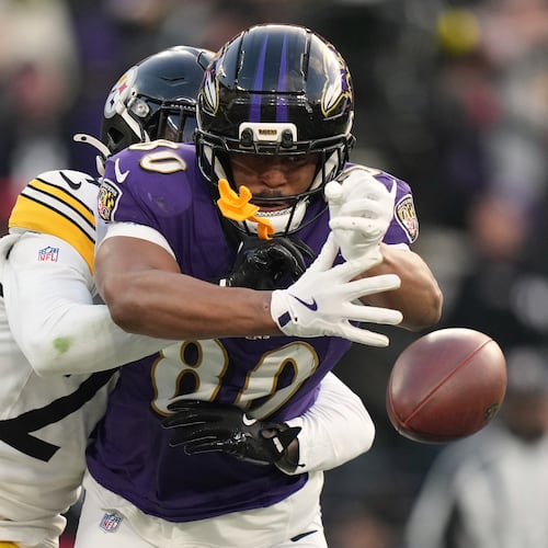 Pittsburgh Steelers cornerback Joey Porter Jr. (24) breaks up a pass intended for Baltimore Ravens tight end Isaiah Likely (80) during the second half of an NFL football game, Sunday, Dec. 7, 2025, in Baltimore. (AP Photo/Stephanie Scarbrough)