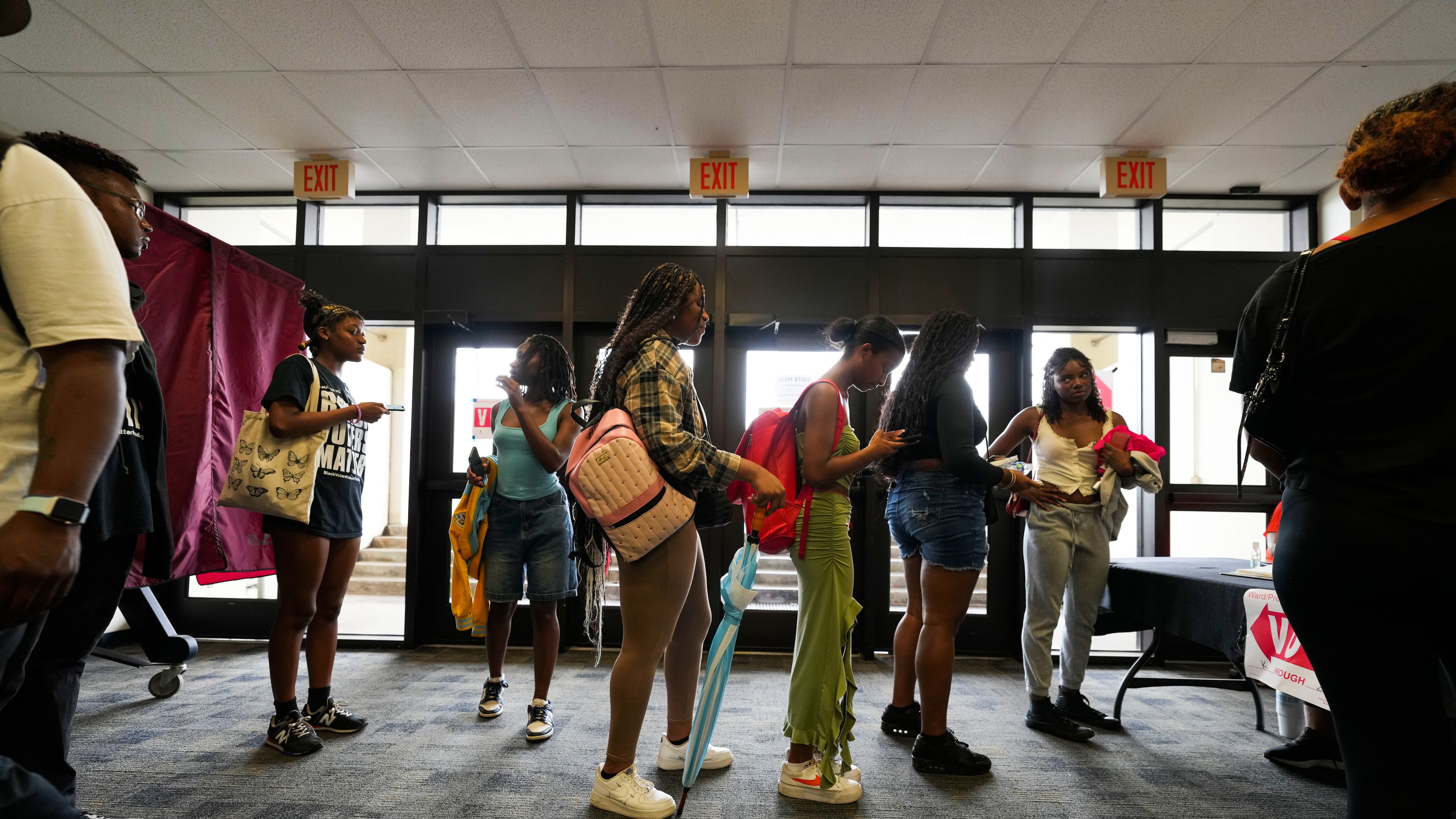 FILE - Students line up to vote at a campus polling place at Southern University in Baton Rouge, La., on Election Day, Nov. 5, 2024. (AP Photo/Gerald Herbert, File)
