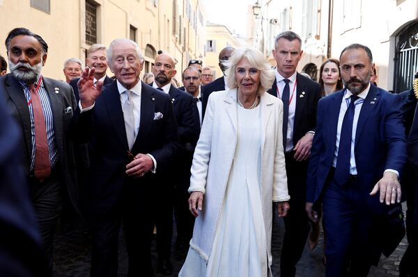 Britain's King Charles III and Queen Camilla in Rome, Wednesday, April 9, 2025. (Vincenzo Livieri, Pool Photo via AP)
