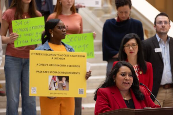 Layla Contreras, sister of an Apalachee High School student affected by the mass shooting last year, advocates for gun safety law HB 1 at the Capitol in Atlanta on Friday, March 28, 2025. (Arvin Temkar / AJC)