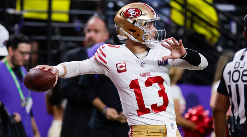 San Francisco 49ers quarterback Brock Purdy (13) looks to pass the ball during the first half of Super Bowl LVIII at Allegiant Stadium on Sunday, Feb. 11, 2024, in Las Vegas. (L.E. Baskow/Las Vegas Review-Journal/TNS)