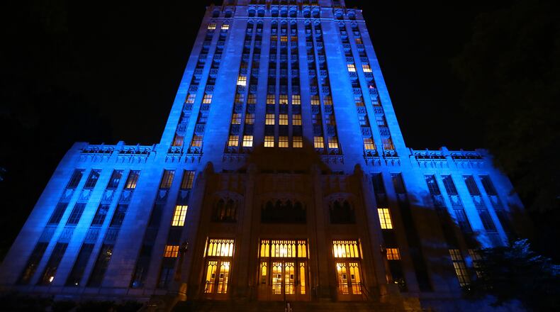 April 9, 2020 Atlanta: Atlanta City Hall is bathed in blue as part of an initiative to salute essential workers on the frontlines of the coronavirus pandemic on Thursday, April 9, 2020, in Atlanta. The Light It Blue event includes more than 150 major sports and entertainment venues and historic landmarks and buildings across the United States. Curtis Compton ccompton@ajc.com