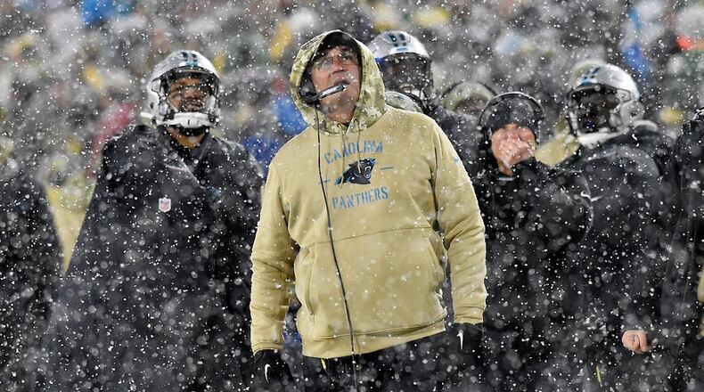 Coach Ron Rivera of the Carolina Panthers watches the video replay against the Green Bay Packers at Lambeau Field on November 10, 2019 in Green Bay, Wisconsin. (Photo by Quinn Harris/Getty Images)