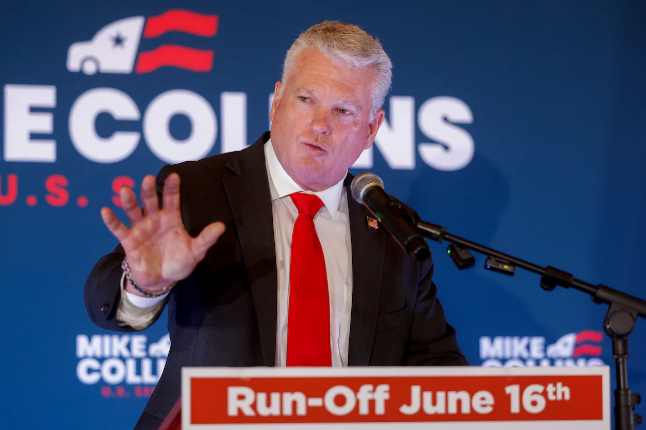 Republican U.S. Senate candidate Mike Collins speaks at his primary election watch party last Tuesday. (Arvin Temkar/AJC)