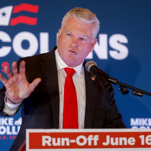 Republican U.S. Senate candidate Mike Collins speaks at his primary election watch party last Tuesday. (Arvin Temkar/AJC)