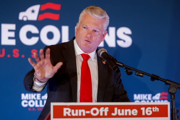 Republican U.S. Senate candidate Mike Collins speaks at his primary election watch party at The Carmichael House in Jackson on Tuesday. (Arvin Temkar/AJC)