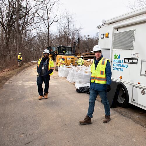 D.C. Water has established a command center where a massive pipe rupture is sending raw sewage into the Potomac River, in Glen Echo, Md., Friday, Jan. 23, 2026. (AP Photo/Cliff Owen)