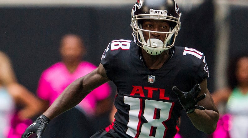 Falcons wide receiver Calvin Ridley (18) works during the first half against the Washington Football Team, Sunday, Oct. 3, 2021, at Mercedes-Benz Stadium in Atlanta. Washington won 34-30. (Danny Karnik/AP)