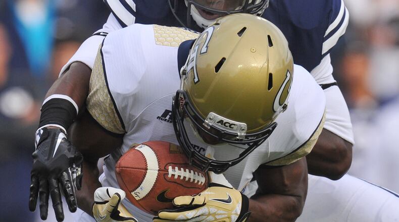 PROVO, UT - OCTOBER 12: Wide receiver Micheal Summers #84 of the Georgia Tech Yellow Jackets grabs this first down catch in front of Robertson Daniel #4 of the Brigham Young Cougars at LaVell Edwards Stadium October 12, 2013 in Provo, Utah. (Photo by Gene Sweeney Jr/Getty Images) Wide receiver Micheal Summers has 15 career catches in two seasons. (GETTY IMAGES)