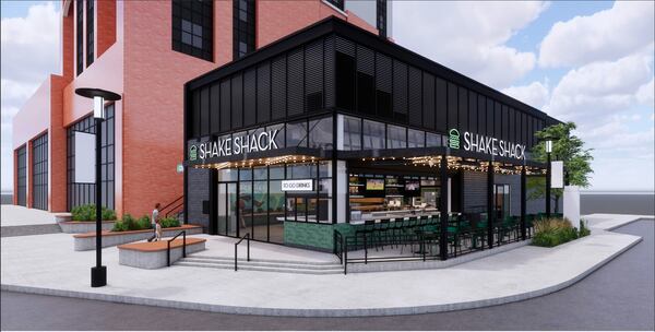 A rendering shows the exterior of Shake Shack, set to open at The Battery Atlanta in 2025.