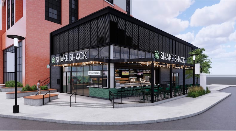 A rendering shows the exterior of Shake Shack, set to open at Battery Atlanta in 2025. / Courtesy of Shake Shack