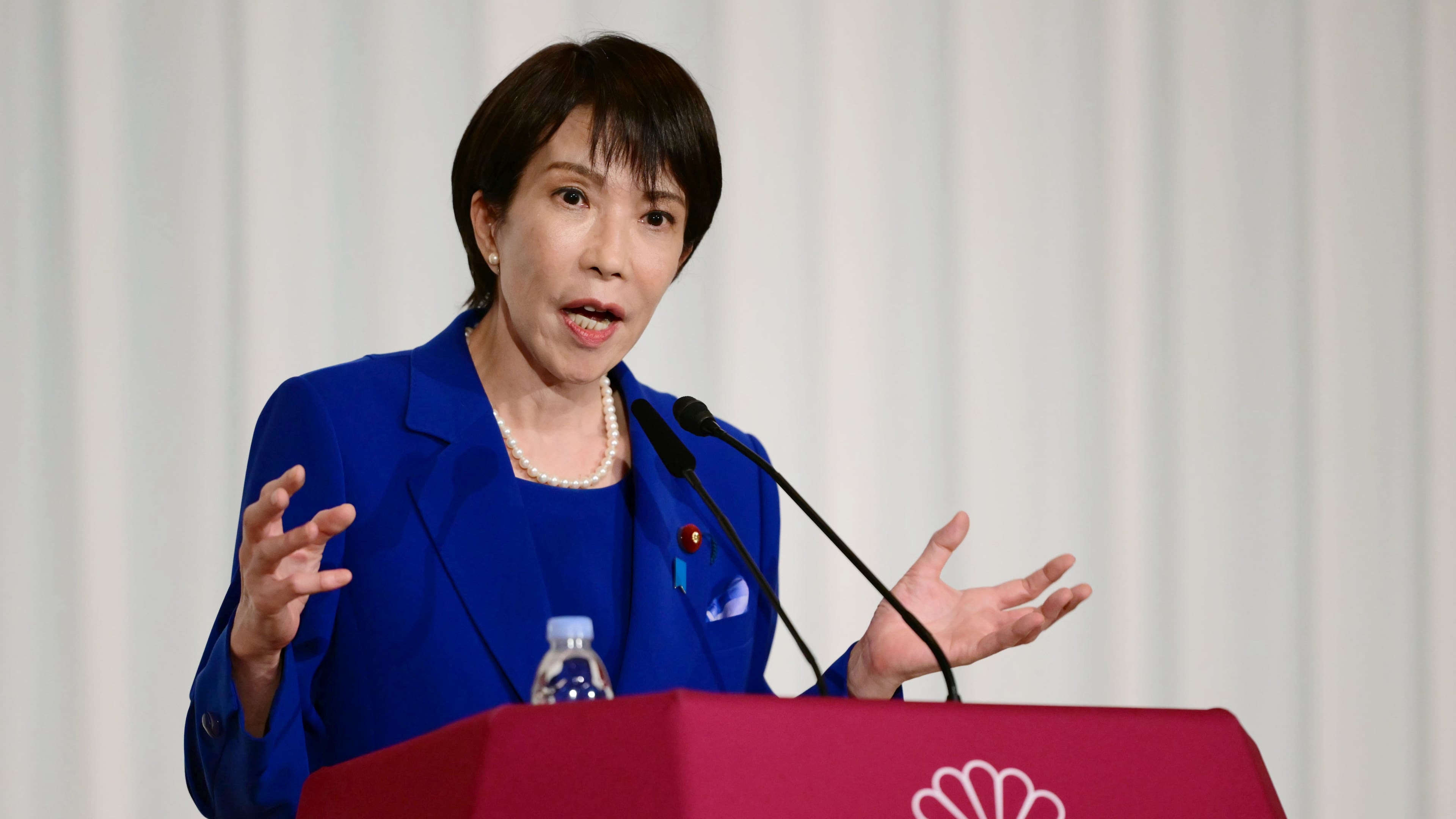 FILE - Sanae Takaichi, the newly-elected leader of Japan's ruling party, the Liberal Democratic Party (LDP), attends a press conference after the LDP presidential election in Tokyo Saturday, Oct. 4, 2025. (Yuichi Yamazaki/Pool Photo via AP, File)