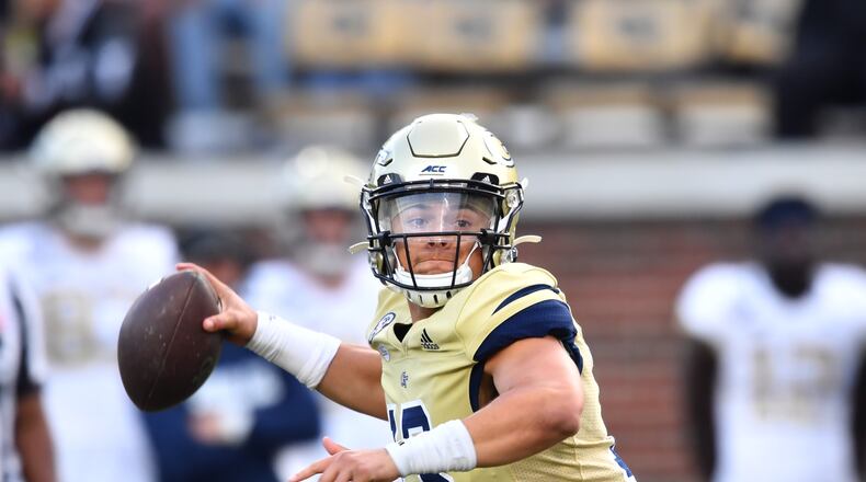 April 23, 2021 Atlanta - Georgia Tech quarterback Jordan Yates (13) prepares to get off a pass during the 2021 Spring Game at Georgia Tech's Bobby Dodd Stadium in Atlanta on Friday, April 23, 2021. (Hyosub Shin / Hyosub.Shin@ajc.com)
