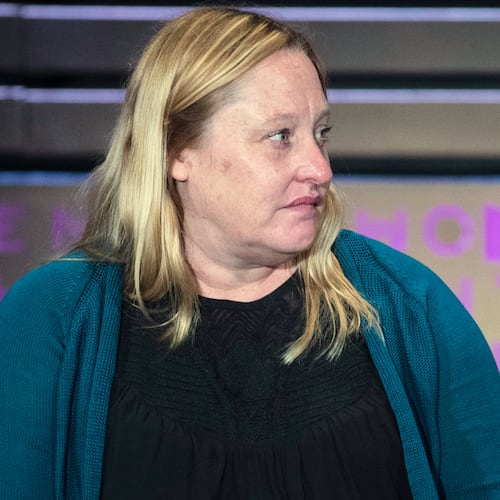 FILE - Heidi Beirich, of the Southern Poverty Law Center, speaks during the Women in the World Summit at Lincoln Center in New York, April 6, 2017. (AP Photo/Mary Altaffer, File)
