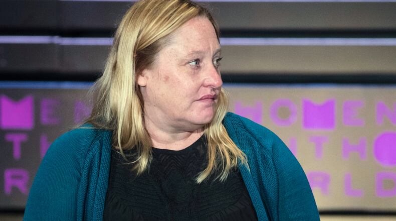 FILE - Heidi Beirich, of the Southern Poverty Law Center, speaks during the Women in the World Summit at Lincoln Center in New York, April 6, 2017. (AP Photo/Mary Altaffer, File)