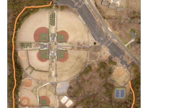 Johns Creek has approved a for construction of the Ocee Park Soft Surface Trail, shown here in orange. (Courtesy City of Johns Creek)