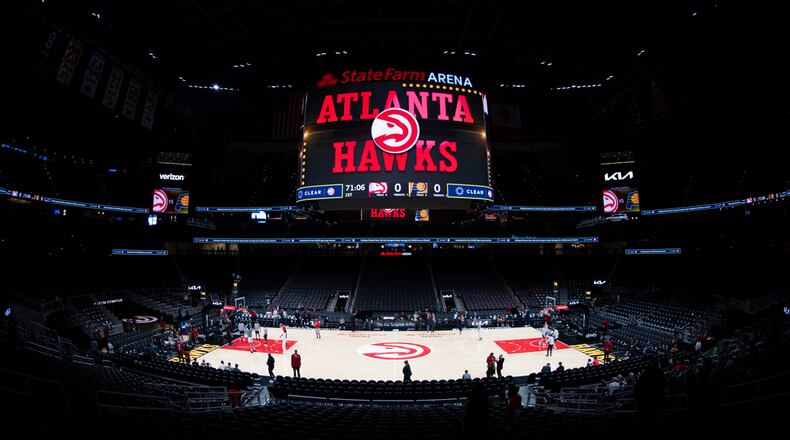 State Farm Arena is viewed before an NBA basketball game between the Atlanta Hawks and the Indiana Pacers, Saturday, March 25, 2023, in Atlanta. (AP Photo/Hakim Wright Sr.)