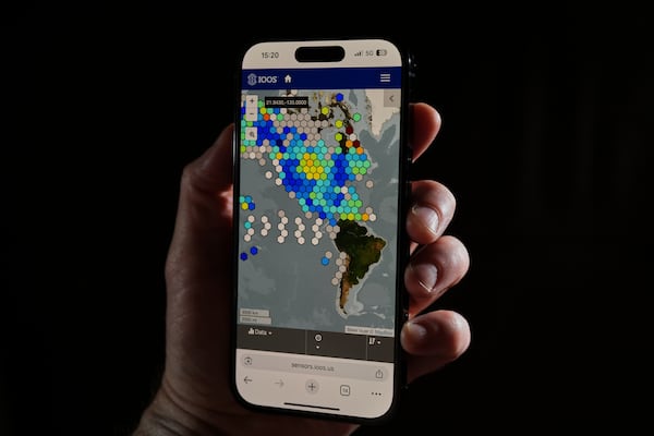 A map of sensor data as part of the Integrated Ocean Observing System is displayed Thursday, May 15, 2025, in Cincinnati. (AP Photo/Joshua A. Bickel)
